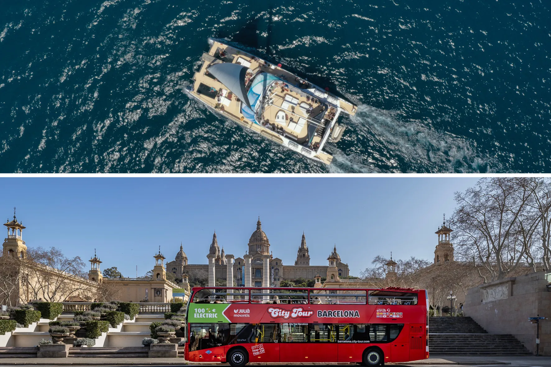 Hop On Hop Off Barcelona 24h+ 1h paseo en catamarán ecológico