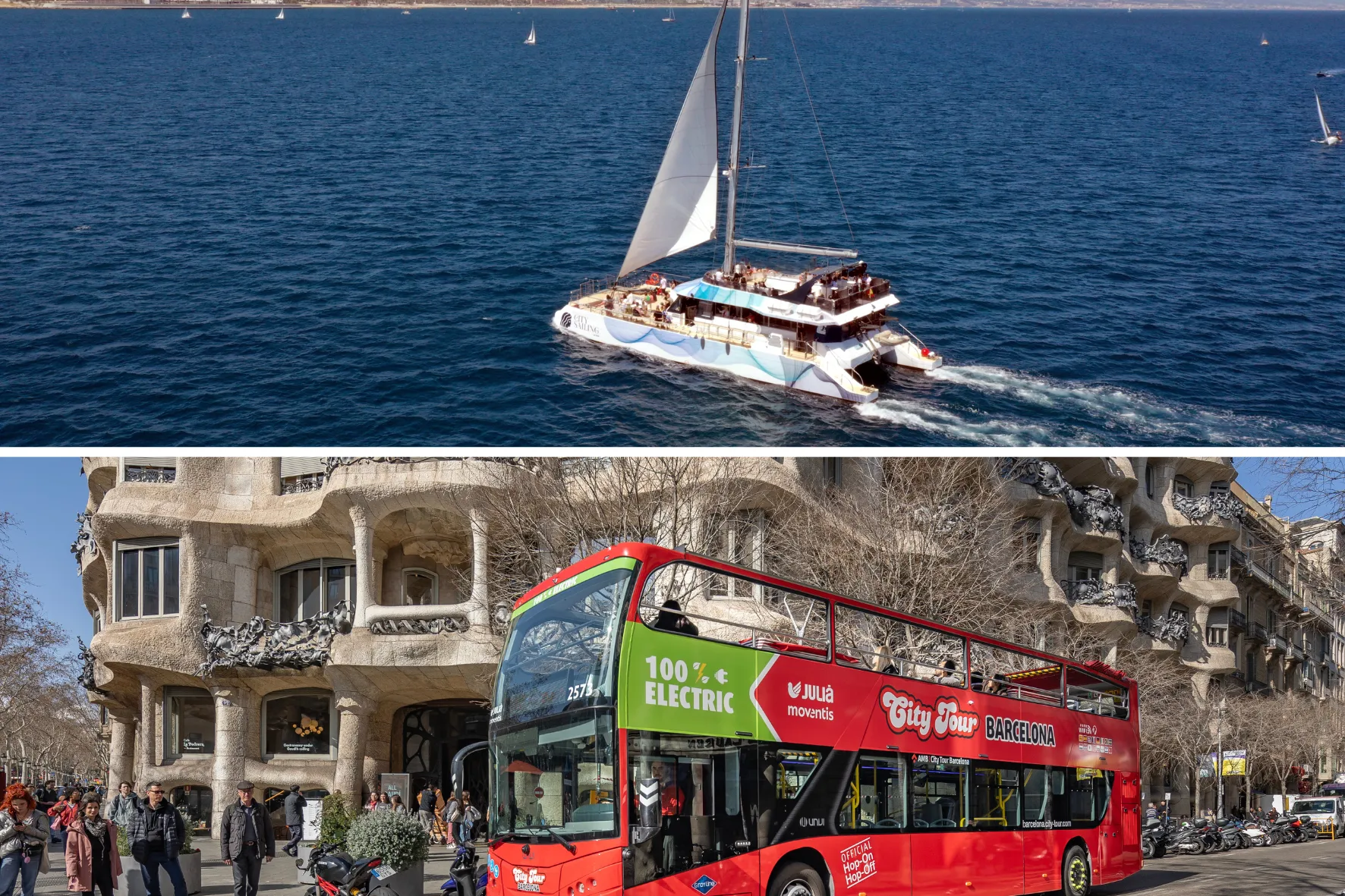 Hop On Hop Off Barcelona 48h+ 1h paseo en catamarán ecológico